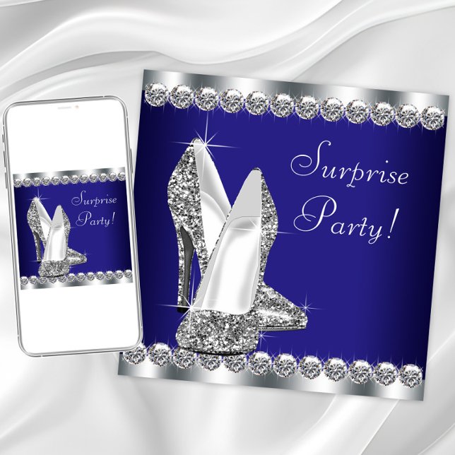 Convite Festa de aniversário Real Azul de Surpresa (Royal blue silver shoe any event invitation. Instant download and printed invitations available.)