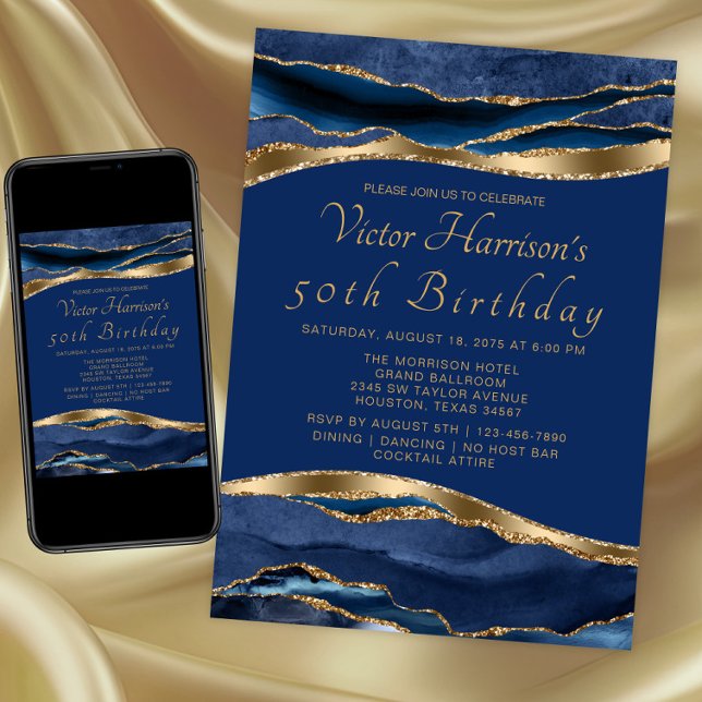 Convite Festa de aniversário Real Azul Dourada (Blue gold any event invitation. Instant download and printed invitations available.)