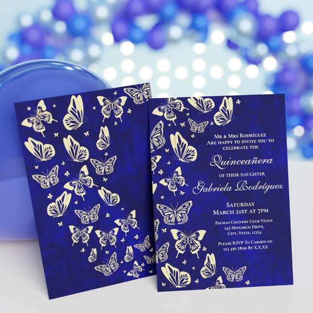 Convite Festa de aniversário Real Azul e Dourada da Borbol (Royal Blue and Gold Butterfly 15th birthday Party Invitation)