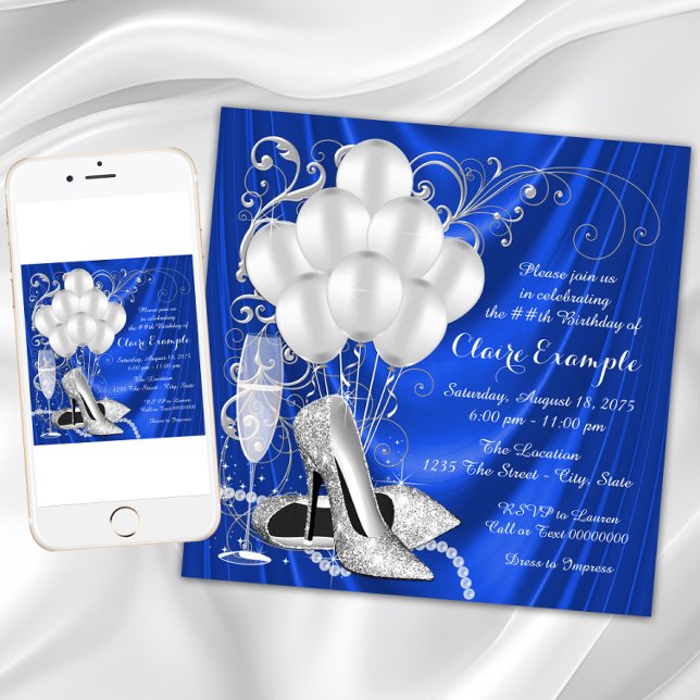 Convite Festa de aniversário Real Azul e Prata (Womans blue and silver birthday party invitation with silver high heels, pearls and balloons.)