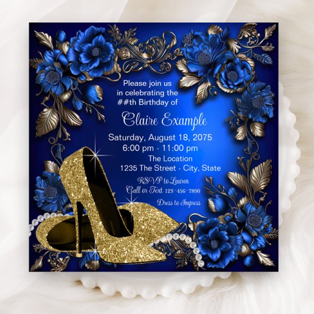 Convite Festa de aniversário Real de Calçado Azul Dourado (Elegant royal blue gold floral shoe any number birthday party and event invitation.)