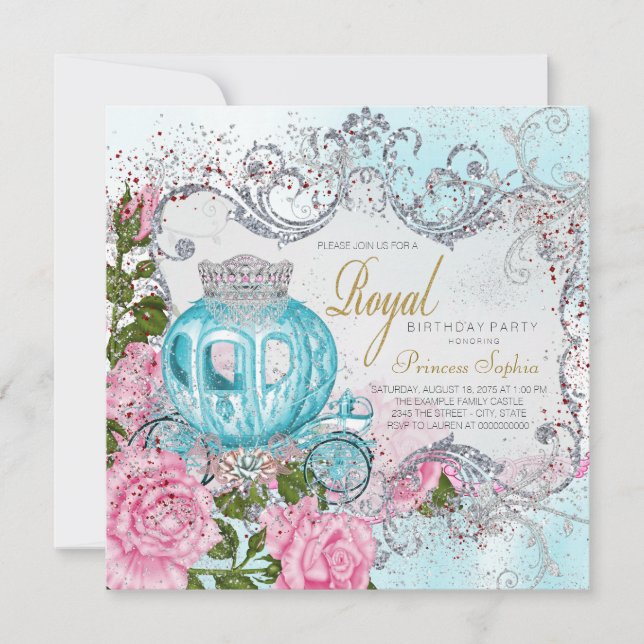 Convite Festa de aniversário Real Rosa e Teal Blue Princes (Frente)