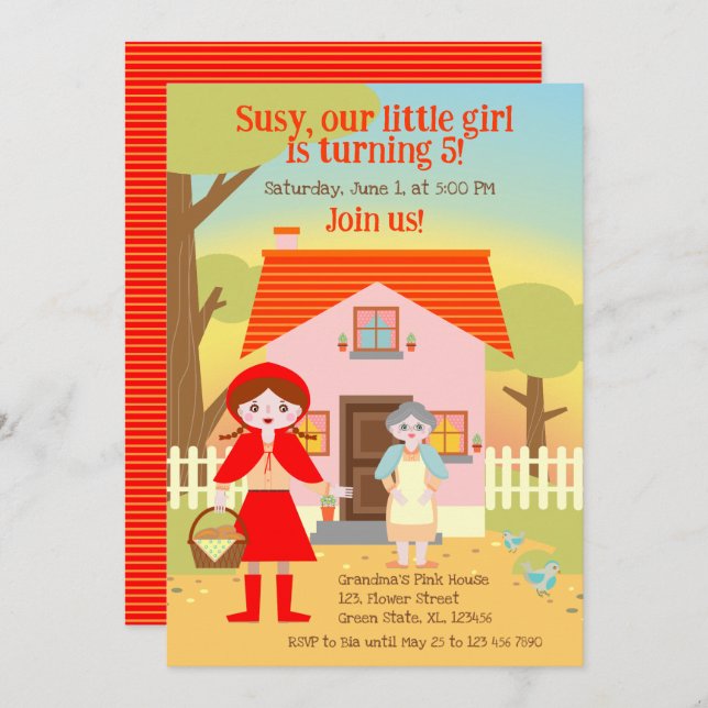 Convite Festa de aniversário Red Riding Hood Girl (Frente/Verso)
