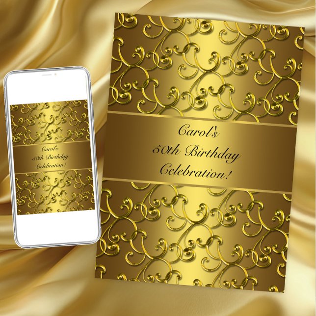Convite Festa de Aniversário Redemoinho Dourado (Gold swirl any birthday or occasion invitation. Instant download and printed invitations available.)