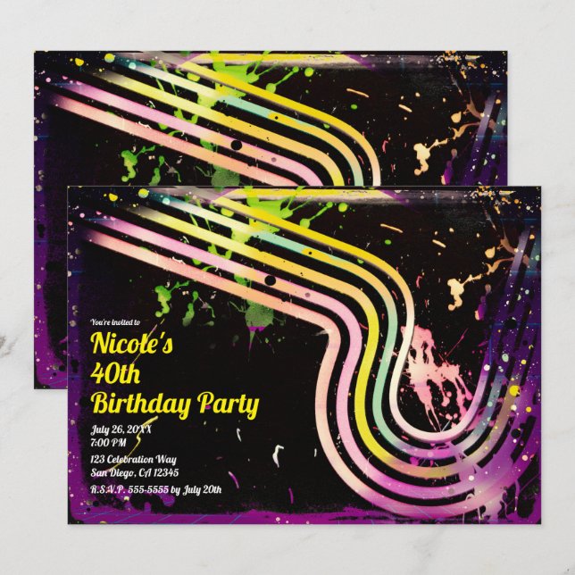 Convite Festa de Aniversário Retro com Mancha de Cor Grung (Frente/Verso)