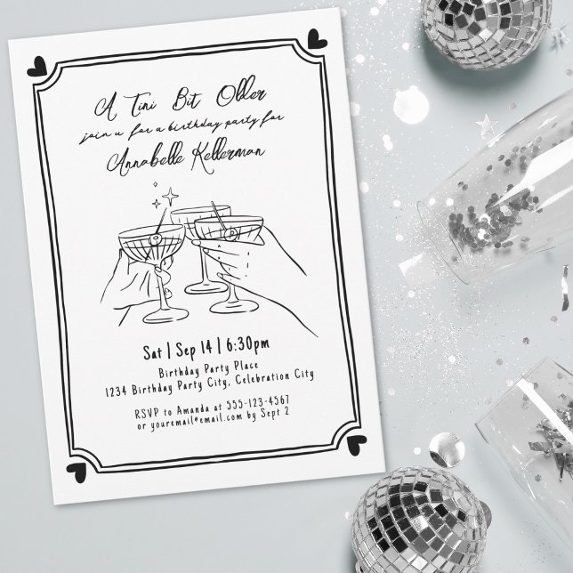 Convite Festa de Aniversário Retro com Martini Tini Bit Ol (A Tini Bit Older Martini Birthday Party Invitation)