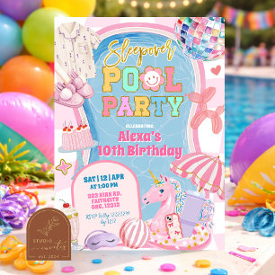 Convite Festa de aniversário retrô de menina na piscina co