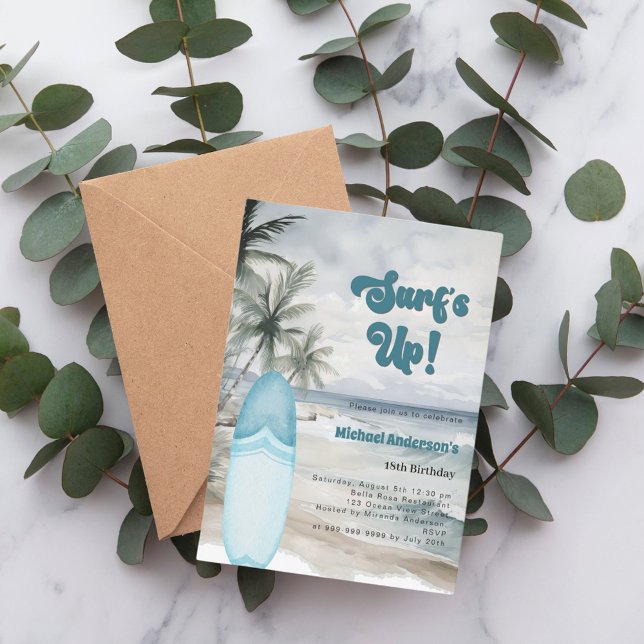 Convite festa de aniversário retrô de prancha de surfe do  (Criador carregado)