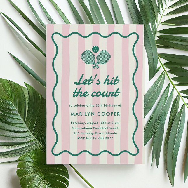 Convite Festa de Aniversário Retro Elegante de Pickleball  (Let's hit the court Pickleball birthday party invitation with pink stripes and green wavy border)