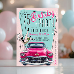 Convite Festa de Aniversário Retro Glam Rosa dos Anos 1950