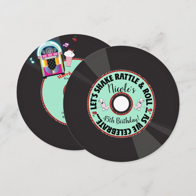 Convite Festa De Aniversário Retro Record 1950'S 50'S Anos (Frente/Verso)