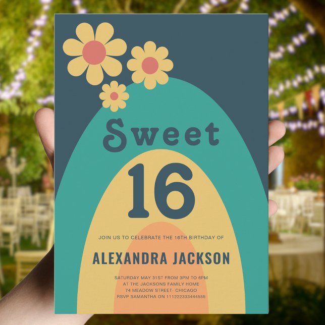 Convite Festa de aniversário Retro Sweet 16 (Retro 70s vintage daisy arch groovy 16th birthday party invitation )
