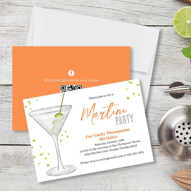 Convite Festa de aniversário RetroLegal Watercolor Martini (Birthday party invitation with a watercolor martini and a scannable QR Code. )