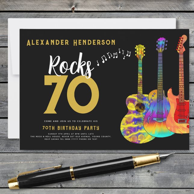 Convite Festa de aniversário Rock and Roll (Rock and roll 70th birthday party black and gold invitation )