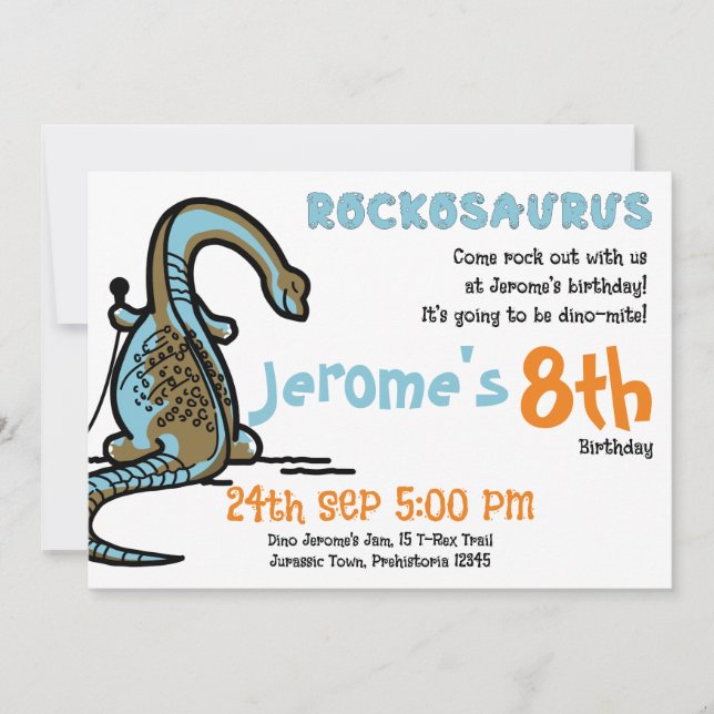 Convite Festa de Aniversário Rockosaurus Dino-Mite! (Frente)