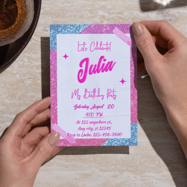 Convite Festa de aniversário Rosa, Branca e Rapariga Brilh (Pink, White & Glitter Girl Birthday Party Invitations - Cute & Girly Invites)