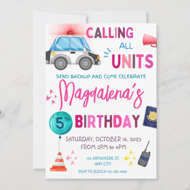 Convite Festa de aniversário Rosa da Polícia (Frente)