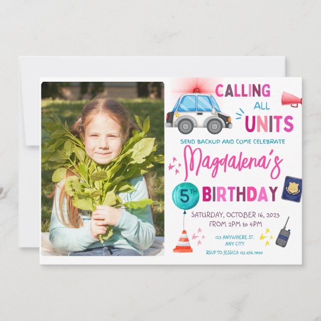 Convite Festa de aniversário Rosa da Polícia (Frente)