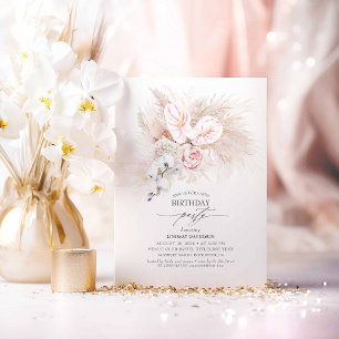 Convite Festa de aniversário rosa de Anthurium e Pampas d