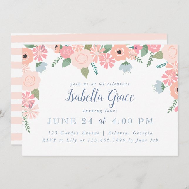 Convite Festa de aniversário rosa de Blooms Florais (Frente/Verso)