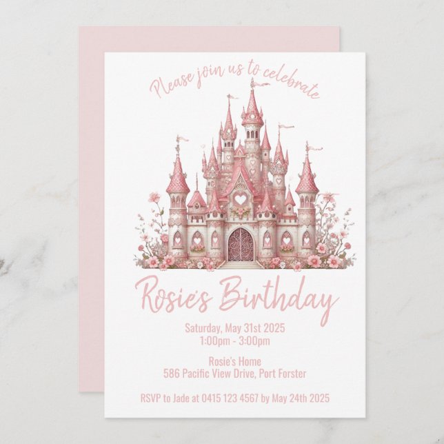 Convite Festa de aniversário Rosa de Castela (Frente/Verso)