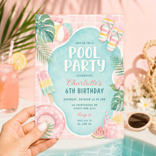 Convite Festa de Aniversário Rosa de Verão na Piscina: Gar