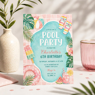 Convite Festa de Aniversário Rosa de Verão na Piscina: Gar