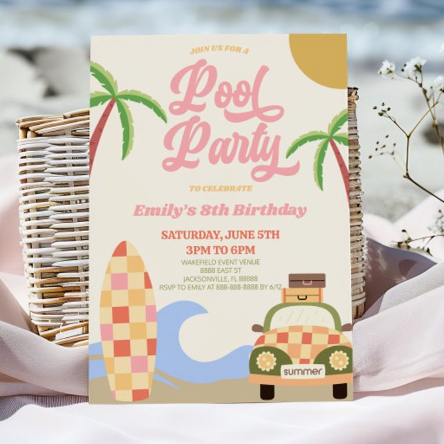 Convite Festa de aniversário rosa do Conselho do Surf da P (Criador carregado)