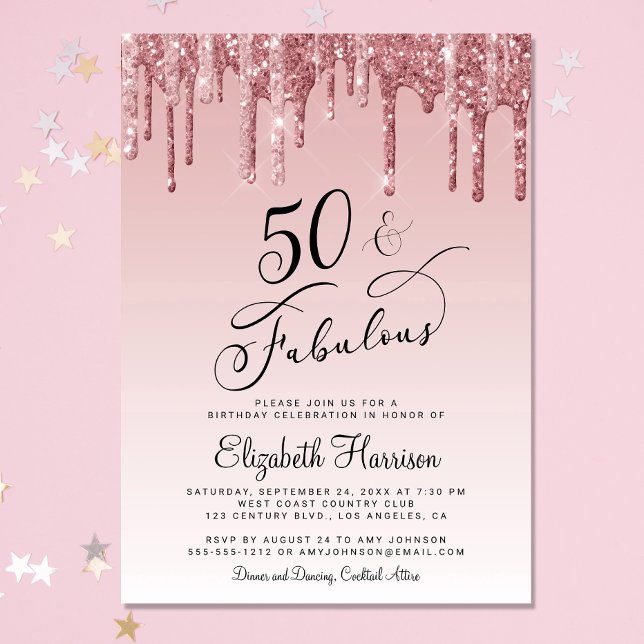 Convite festa de aniversário rosa Dourada com Rosa brilhan (Celebrate her 50 years of sparkle with an elegant glitter birthday party invitation )
