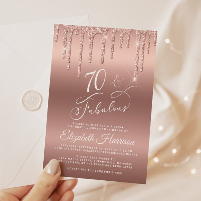 Convite Festa de aniversário rosa Dourada do Glitter Virtu (Celebrate her 70 years of sparkle with an elegant rose gold glitter birthday party invitation)
