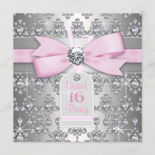 Convite Festa de Aniversário Rosa e Cinza com Diamante Pra