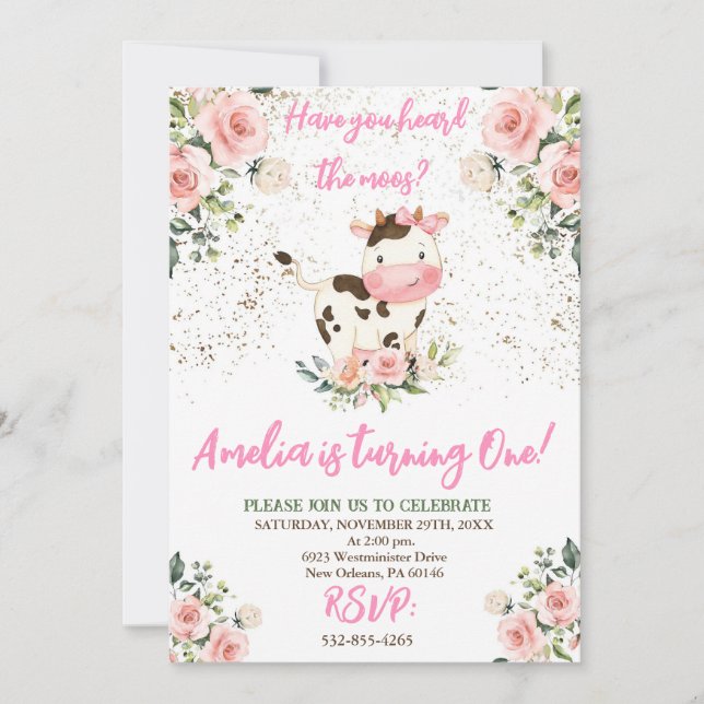 Convite Festa de aniversário, Rosa e Dourada, Aniversário (Frente)