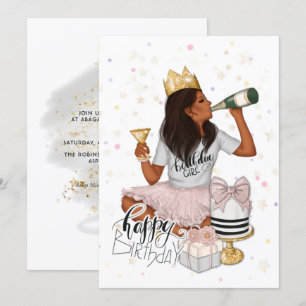 Convite Festa de aniversário rosa e Dourada de moça afri