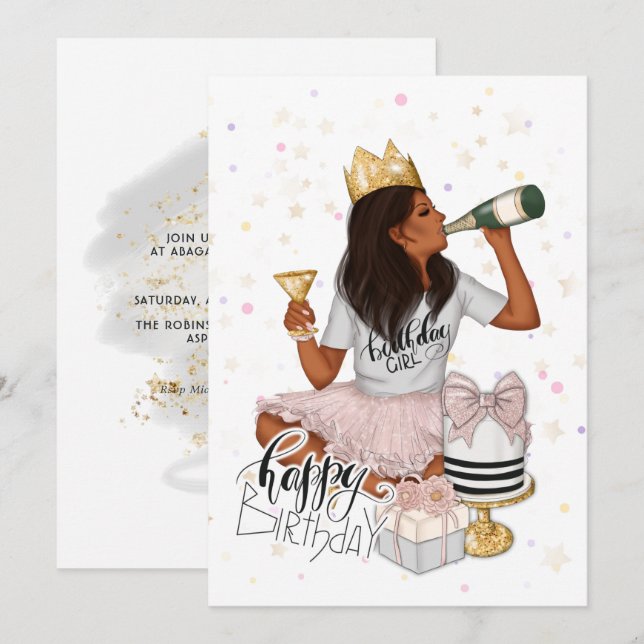 Convite Festa de aniversário rosa e Dourada de moça africa (Frente/Verso)