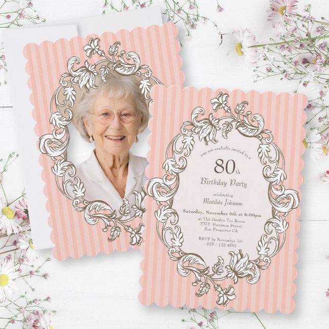 Convite Festa de aniversário rosa elegante (Elegant Pink 80th Birthday Party Invitation)
