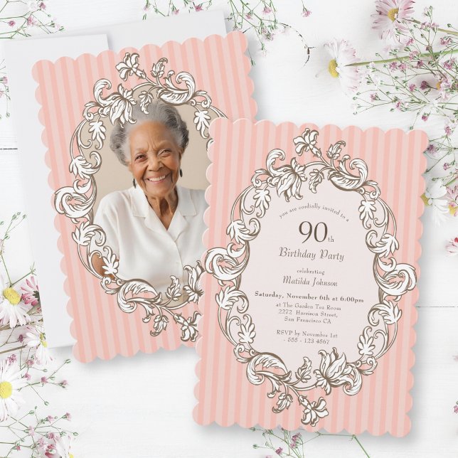 Convite Festa de aniversário rosa elegante (Elegant Pink 90th Birthday Party Invitation)
