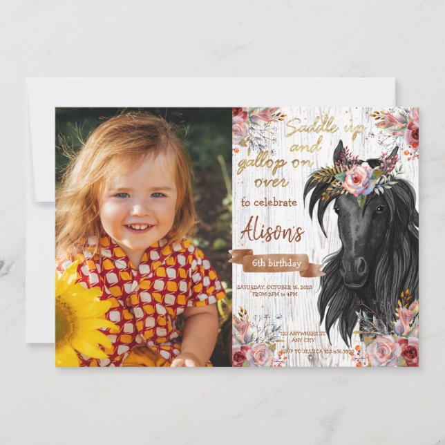 Convite Festa de aniversário rosa fofinha de cavalo (Frente)