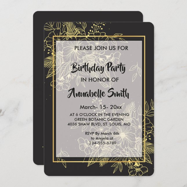 Convite Festa de aniversário Rosa ouro (Frente/Verso)