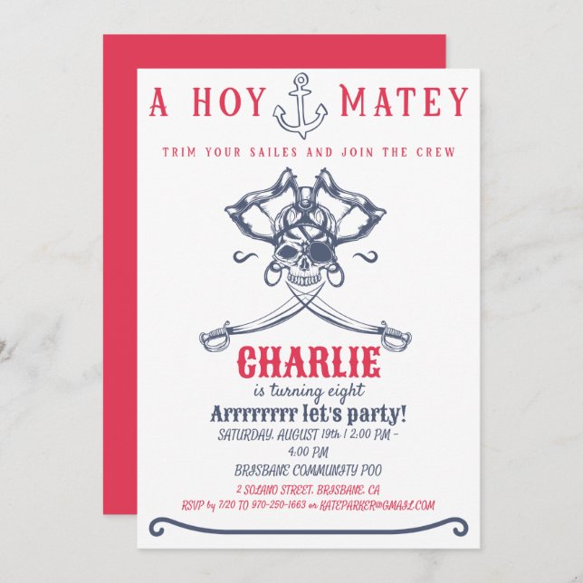 Convite Festa de aniversário rosa-pirata (Frente/Verso)