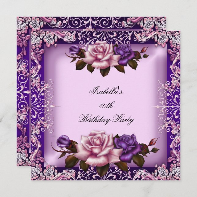 Convite Festa de aniversário Rosa púrpura púrpura Elegante (Frente/Verso)