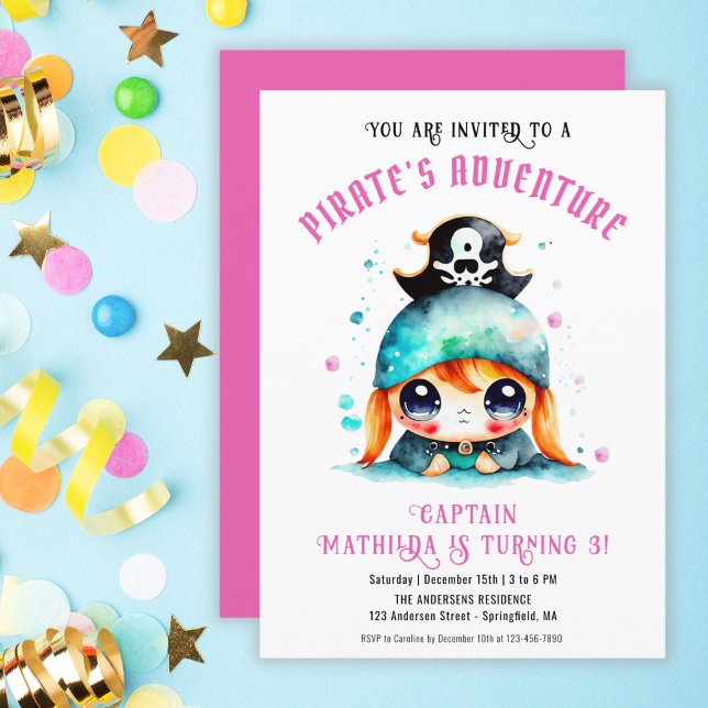 Convite Festa de aniversário Rosa Rosa Bonita Pirata (Cute Little Pirate Girl Pink Birthday Party Invitation)
