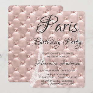 Convite Festa de aniversário Rosa Rosa Dourada Paris
