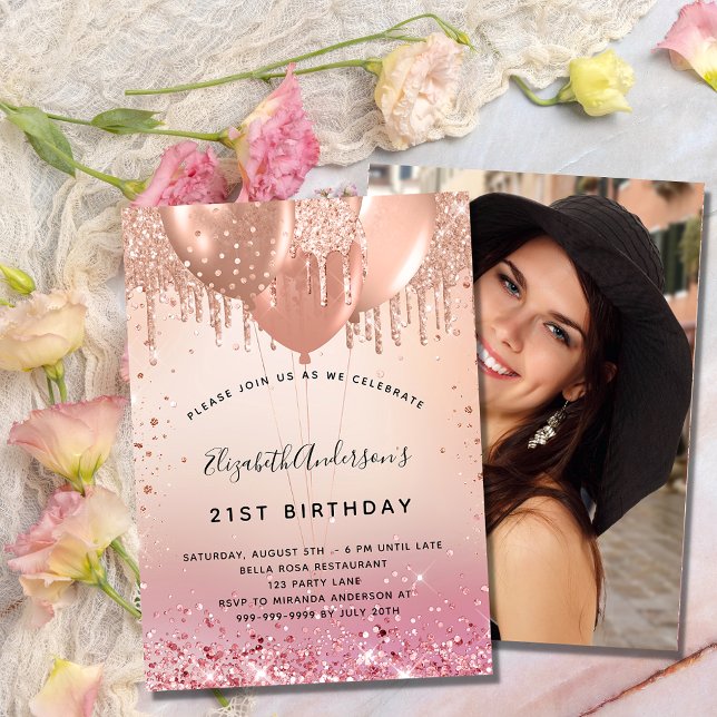 Convite Festa de aniversário rosa-rosa-rosa-ouro-balão fot (Criador carregado)