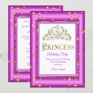Convite Festa de Aniversário Rosa Roxo Princesa Dourada