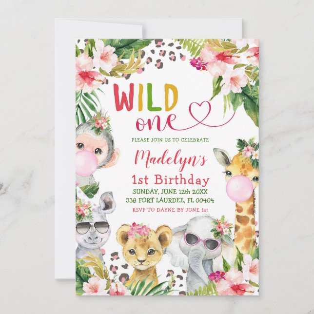 Convite Festa de aniversário Rosa Safari Wild One Girl (Frente)