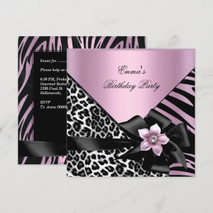 Convite Festa de Aniversário Rosa Zebra Leopardo Elegante