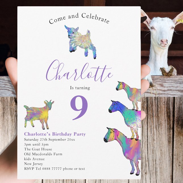Convite Festa de aniversário Roxo de Amantes de os animais (Cute goats colorful farm animals watercolor art 9th birthday party invitation)