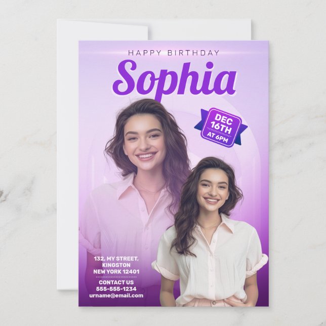 Convite Festa de Aniversário Roxo Elegante para Meninas Um (Frente)