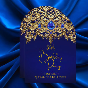 Convite Festa de Aniversário Royal Blue Dourado Renda Diam