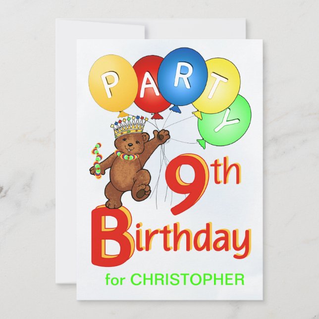 Convite Festa de aniversário Royal Teddy Bear 9th (Frente)